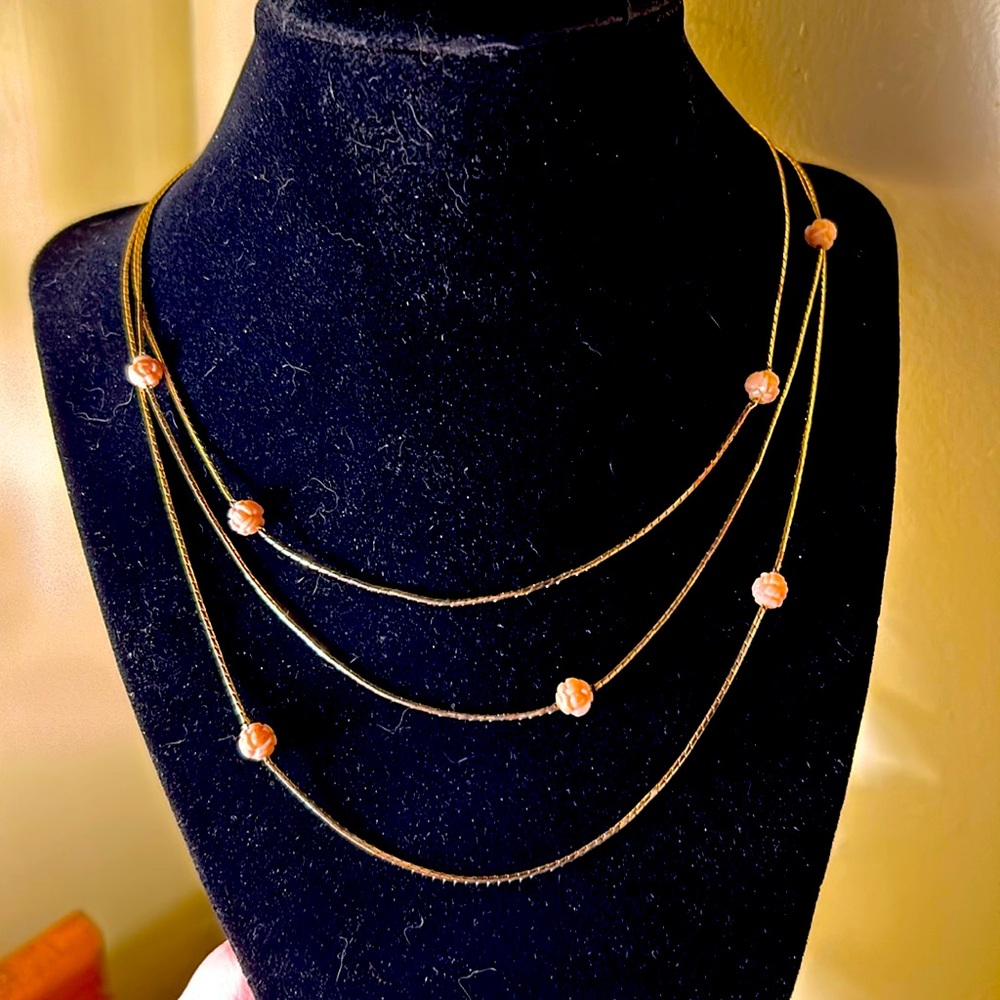 Monet three strand gold tone necklace with roses